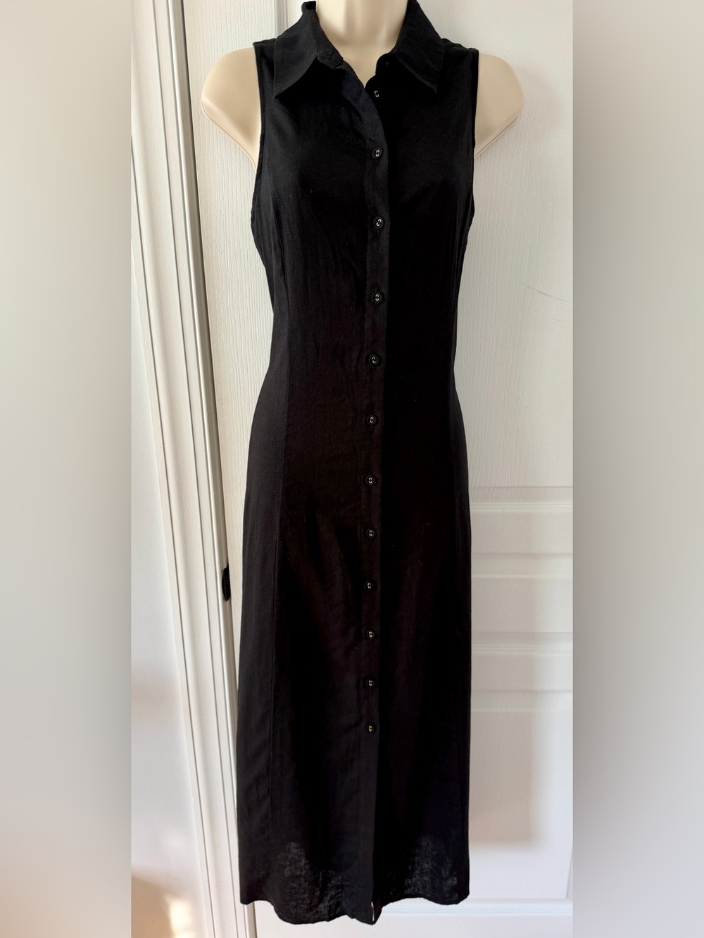 Magaschoni Black Linen Blend Sleeveless Button Front Maxi Dress Size Small